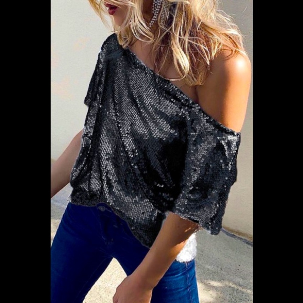 Elegant Shimmery Dew Shoulder Neckline W/Short Sleeves Sequin Detail Dress Top - Picture 11 of 14
